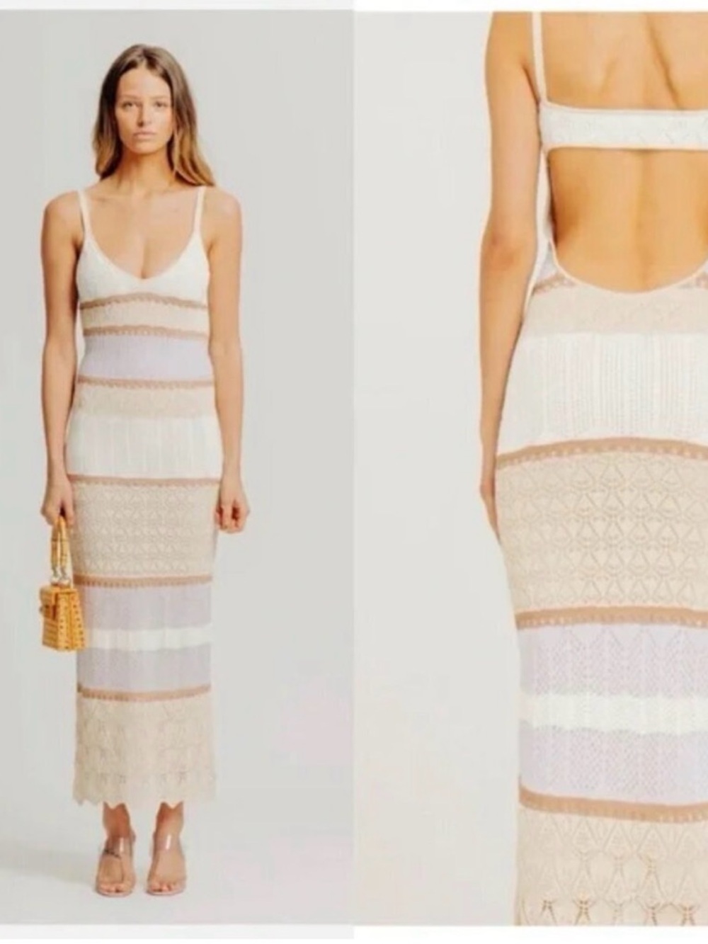 Torn by Ronny Kobo White and Beige Crochet Maxi Dress